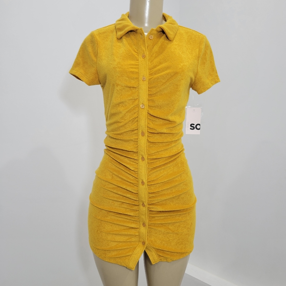 Ruched Bodycon Terry Cloth Bodycon Button Down Mustard dress.🍧🍡🧁🍬